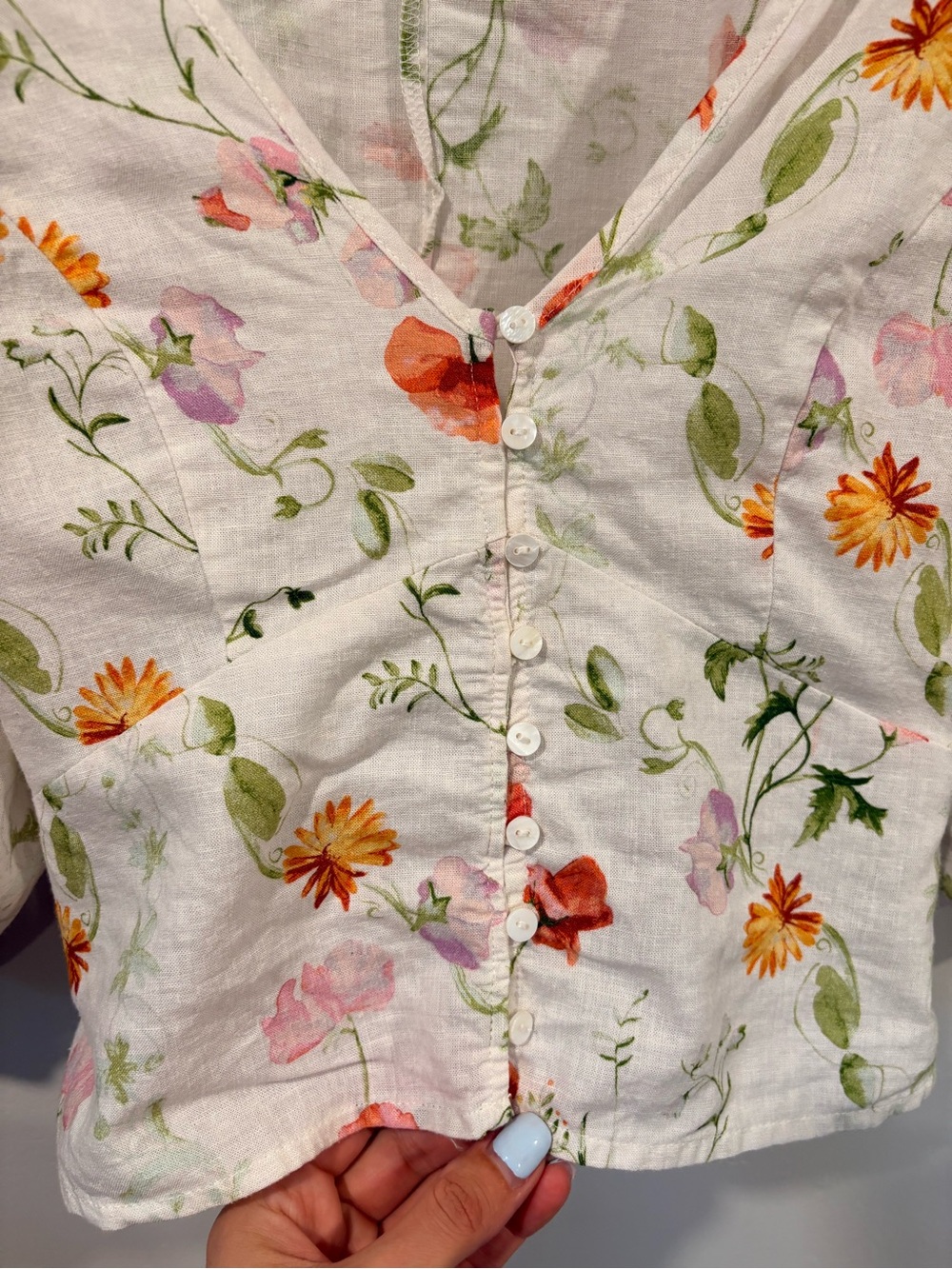 H&M Linen Blend Floral Puff Sleeve Cottagecore Blouse XS - Picture 6 of 7